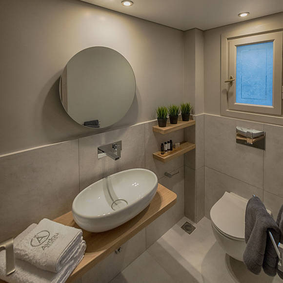 Junior villa's modern bathroom with vessel sink, round mirror and decorative plants at Avdou Collection
